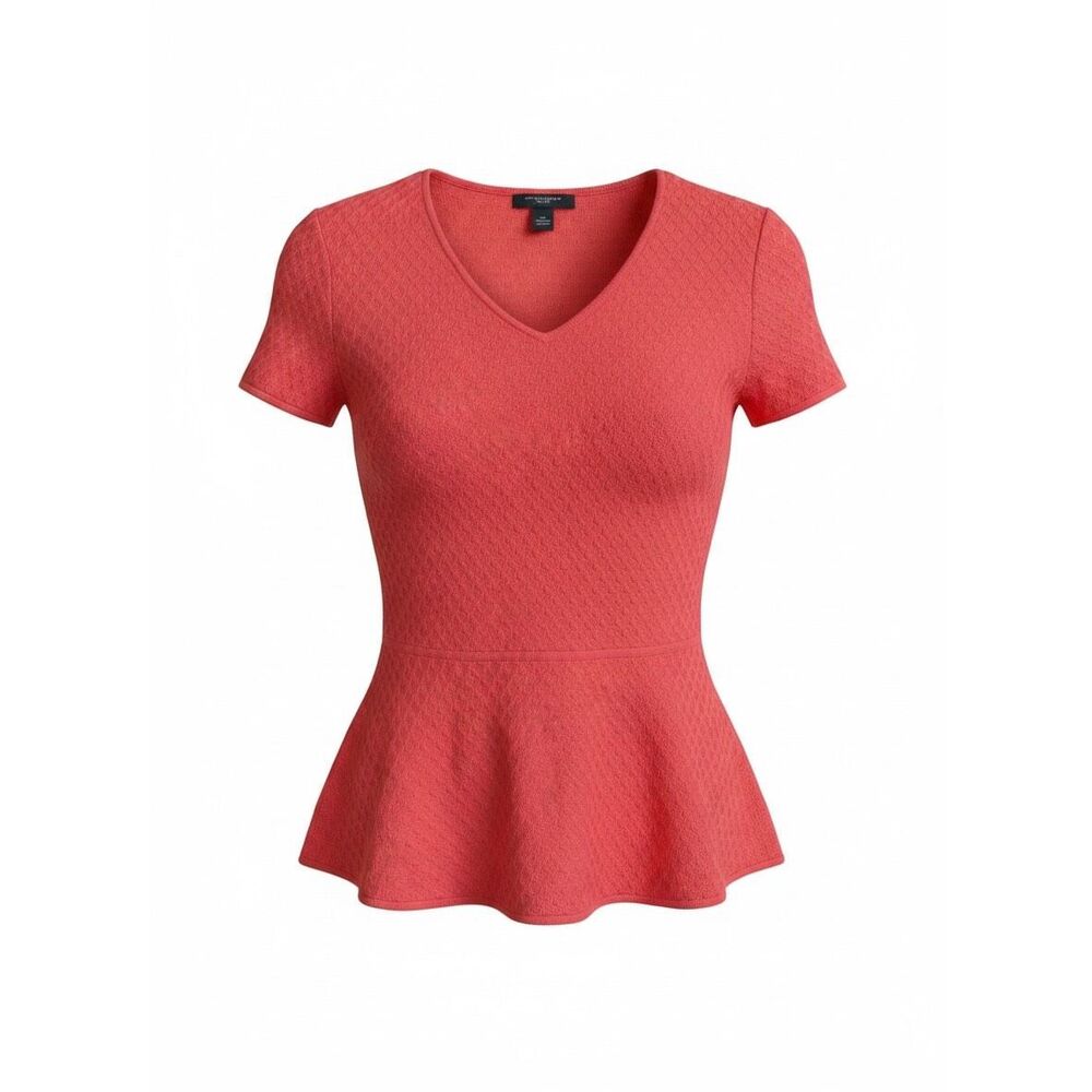Ann Taylor Petite Small SP Coral Pink Chevron Diamond Knit V-Neck Sweater Top SS